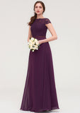 Short Sleeve Bateau Long/Floor-Length  Chiffon A-line/Princess Bridesmaid Dresses With Sashes Lace Makenna STKP0025428