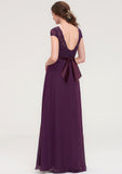 Short Sleeve Bateau Long/Floor-Length  Chiffon A-line/Princess Bridesmaid Dresses With Sashes Lace Makenna STKP0025428