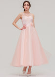 Tea-Length Sleeveless Bateau Tulle A-line/Princess Bridesmaid Dresses With Waistband Lace Kenzie STKP0025429