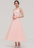 Tea-Length Sleeveless Bateau Tulle A-line/Princess Bridesmaid Dresses With Waistband Lace Kenzie STKP0025429