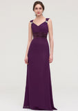 Sleeveless V Neck Long/Floor-Length Sheath/Column Chiffon Bridesmaid Dresses With Sashes Beading Pleated Marian STKP0025432