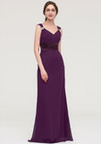 Sleeveless V Neck Long/Floor-Length Sheath/Column Chiffon Bridesmaid Dresses With Sashes Beading Pleated Marian STKP0025432