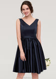 V Neck Sleeveless A-line/Princess Knee-Length Satin Bridesmaid Dresses With Pleated Lea STKP0025433