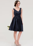 V Neck Sleeveless A-line/Princess Knee-Length Satin Bridesmaid Dresses With Pleated Lea STKP0025433