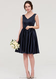 V Neck Sleeveless A-line/Princess Knee-Length Satin Bridesmaid Dresses With Pleated Lea STKP0025433