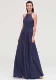 Scoop Neck Sleeveless A-line/Princess Chiffon Long/Floor-Length Bridesmaid Dresseses With Pleated Appliqued Audrey STKP0025439