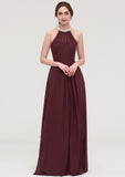 Sleeveless Halter Long/Floor-Length Chiffon A-line/Princess Bridesmaid Dresses With Beading Pleated Philippa STKP0025445