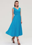 Sleeveless V Neck Tea-Length Chiffon A-line/Princess Bridesmaid Dresseses With Pleated Olivia STKP0025448