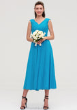 Sleeveless V Neck Tea-Length Chiffon A-line/Princess Bridesmaid Dresseses With Pleated Olivia STKP0025448