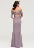 Off-the-Shoulder Half Sleeve Sheath/Column Long/Floor-Length Chiffon Bridesmaid Dresseses With Appliqued Lilah STKP0025458