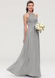 Sleeveless Scoop Neck Chiffon A-line/Princess Long/Floor-Length Bridesmaid Dresseses With Pleated Lace Marianna STKP0025460