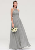 Sleeveless Scoop Neck Chiffon A-line/Princess Long/Floor-Length Bridesmaid Dresseses With Pleated Lace Marianna STKP0025460