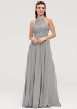 Sleeveless Scoop Neck Chiffon A-line/Princess Long/Floor-Length Bridesmaid Dresseses With Pleated Lace Marianna STKP0025460