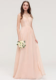 Bateau Sleeveless Long/Floor-Length Chiffon A-line/Princess Bridesmaid Dresses With Lace Pleated Quinn STKP0025464