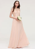 Bateau Sleeveless Long/Floor-Length Chiffon A-line/Princess Bridesmaid Dresses With Lace Pleated Quinn STKP0025464