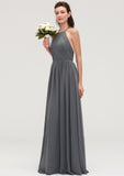 Sleeveless Halter Chiffon A-line/Princess Long/Floor-Length Bridesmaid Dresseses With Pleated Khloe STKP0025466