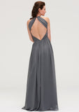 Sleeveless Halter Chiffon A-line/Princess Long/Floor-Length Bridesmaid Dresseses With Pleated Khloe STKP0025466