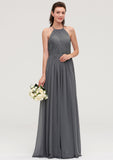 Sleeveless Halter Chiffon A-line/Princess Long/Floor-Length Bridesmaid Dresseses With Pleated Khloe STKP0025466