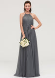 Sleeveless Halter Chiffon A-line/Princess Long/Floor-Length Bridesmaid Dresseses With Pleated Khloe STKP0025466