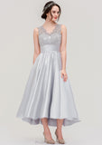 Sleeveless V Neck Asymmetrical Satin A-line/Princess Bridesmaid Dresses With Pleated Lace Natalee STKP0025468