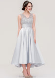 Sleeveless V Neck Asymmetrical Satin A-line/Princess Bridesmaid Dresses With Pleated Lace Natalee STKP0025468