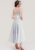 Sleeveless V Neck Asymmetrical Satin A-line/Princess Bridesmaid Dresses With Pleated Lace Natalee STKP0025468