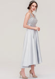 Sleeveless V Neck Asymmetrical Satin A-line/Princess Bridesmaid Dresses With Pleated Lace Natalee STKP0025468