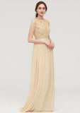 Bateau Sleeveless A-line/Princess Chiffon Long/Floor-Length Bridesmaid Dresses With Sashes Lace Una STKP0025472