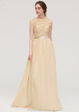 Bateau Sleeveless A-line/Princess Chiffon Long/Floor-Length Bridesmaid Dresses With Sashes Lace Una STKP0025472