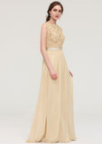 Bateau Sleeveless A-line/Princess Chiffon Long/Floor-Length Bridesmaid Dresses With Sashes Lace Una STKP0025472