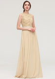 Bateau Sleeveless A-line/Princess Chiffon Long/Floor-Length Bridesmaid Dresses With Sashes Lace Una STKP0025472