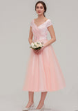 Sweetheart Short Sleeve Tea-Length Tulle A-line/Princess Bridesmaid Dresses With Waistband Beading Pleated Nevaeh STKP0025473