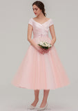 Sweetheart Short Sleeve Tea-Length Tulle A-line/Princess Bridesmaid Dresses With Waistband Beading Pleated Nevaeh STKP0025473