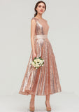 Bateau Sleeveless Tea-Length Sequined A-line/Princess Bridesmaid Dresses With Sashes Sandy STKP0025474