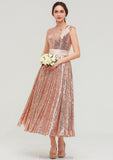 Bateau Sleeveless Tea-Length Sequined A-line/Princess Bridesmaid Dresses With Sashes Sandy STKP0025474