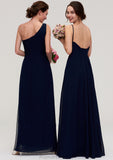 Sleeveless One-Shoulder A-line/Princess Chiffon Long/Floor-Length Bridesmaid Dresses With Pleated Micaela STKP0025475