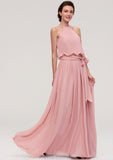 Sleeveless Scoop Neck A-line/Princess Chiffon Long/Floor-Length Bridesmaid Dresseses With Pleated Sashes Marley STKP0025476