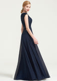 Bateau Sleeveless A-line/Princess Chiffon Long/Floor-Length Bridesmaid Dresses With Sashes Lace Pleated Emery STKP0025480