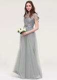 Bateau Short Sleeve Long/Floor-Length Tulle A-line/Princess Bridesmaid Dresses With Sashes Lace Nellie STKP0025482