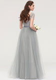 Bateau Short Sleeve Long/Floor-Length Tulle A-line/Princess Bridesmaid Dresses With Sashes Lace Nellie STKP0025482