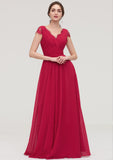 Sleeveless V Neck Long/Floor-Length Chiffon A-line/Princess Bridesmaid Dresses With Lace Pleated Bridget STKP0025486