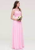 Bateau Sleeveless Long/Floor-Length Chiffon A-line/Princess Bridesmaid Dresses With Lace Maisie STKP0025489