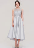 Bateau Sleeveless Tea-Length Satin A-line/Princess Bridesmaid Dresses With Sashes Lace Louisa STKP0025495