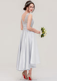 Bateau Sleeveless Tea-Length Satin A-line/Princess Bridesmaid Dresses With Sashes Lace Louisa STKP0025495