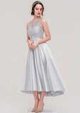 Bateau Sleeveless Tea-Length Satin A-line/Princess Bridesmaid Dresses With Sashes Lace Louisa STKP0025495