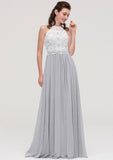 Sleeveless Scoop Neck A-line/Princess Chiffon Long/Floor-Length Bridesmaid Dresseses With Lace Adalynn STKP0025497