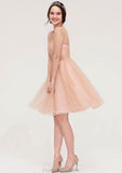 Bateau Sleeveless A-line/Princess Tulle Knee-Length Bridesmaid Dresses With Pleated Beading Rhianna STKP0025498