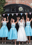 Bateau A-Line/Princess Tea-Length Organza Bridesmaid Dresses With Appliqued Ryann STKP0025504