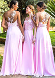 Sleeveless One-Shoulder Sweep Train A-line/Princess Chiffon Bridesmaid Dresseses With Appliqued Makayla STKP0025506