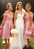 Sleeveless Off-the-Shoulder Tea-Length A-line/Princess Satin Bridesmaid Dresseses With Pleated Deborah STKP0025508